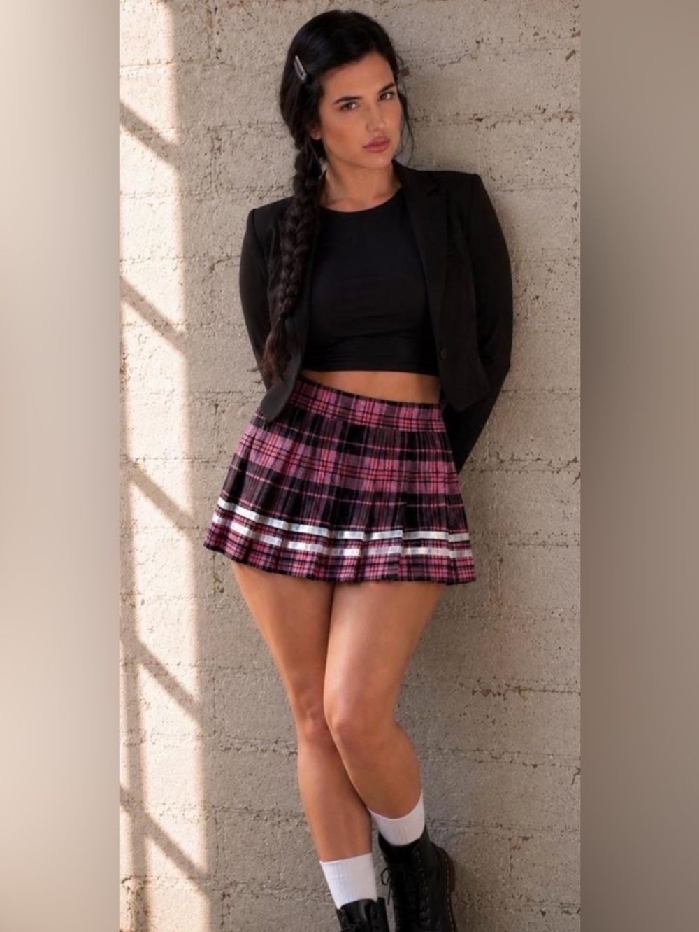 Y2K Style Mallgoth Pink Plaid Pleated Mini Skirt L